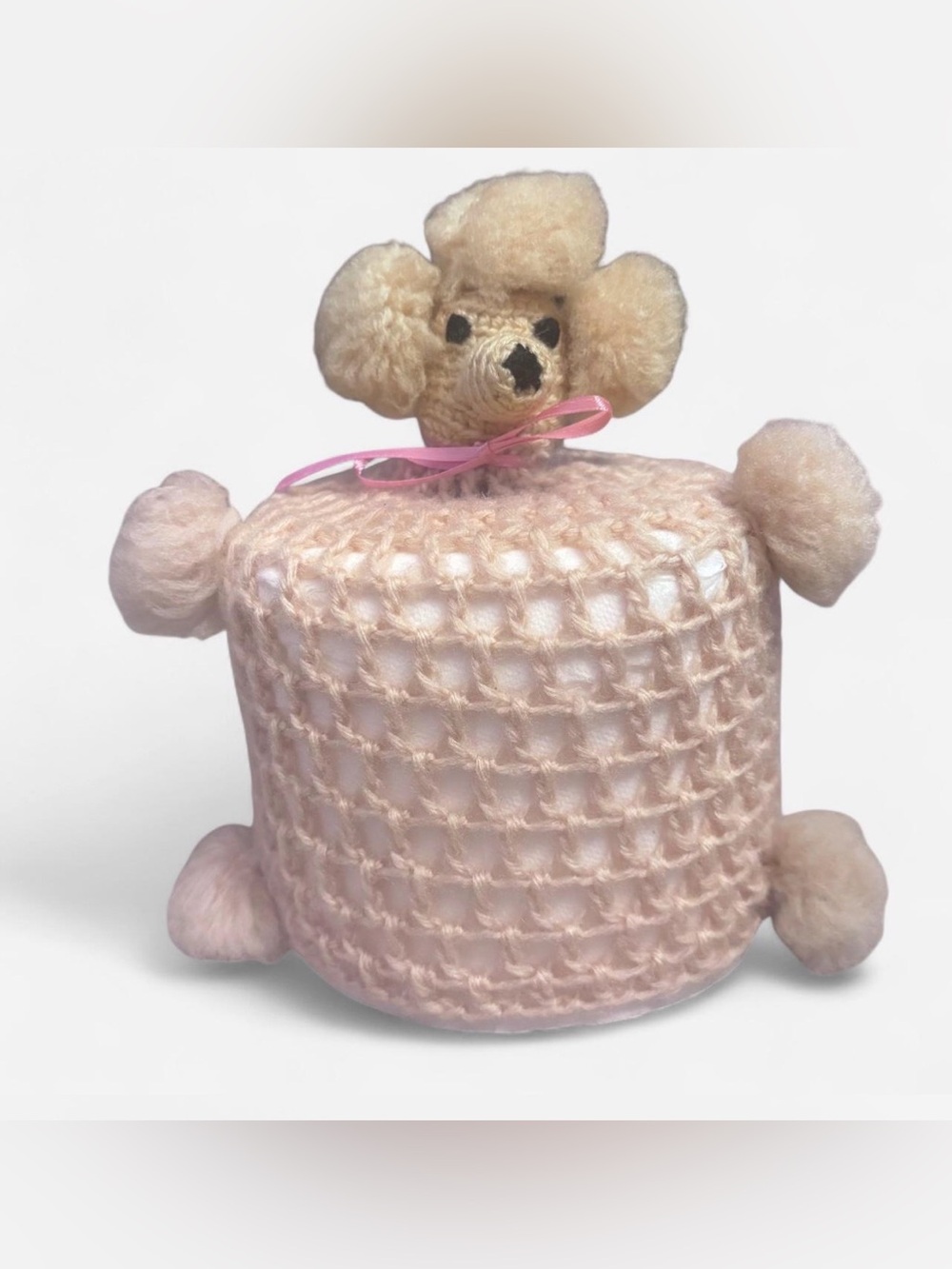 Vintage Crochet Poodle Toilet Paper Cover Beige Kitsch MCM Bathroom Decor